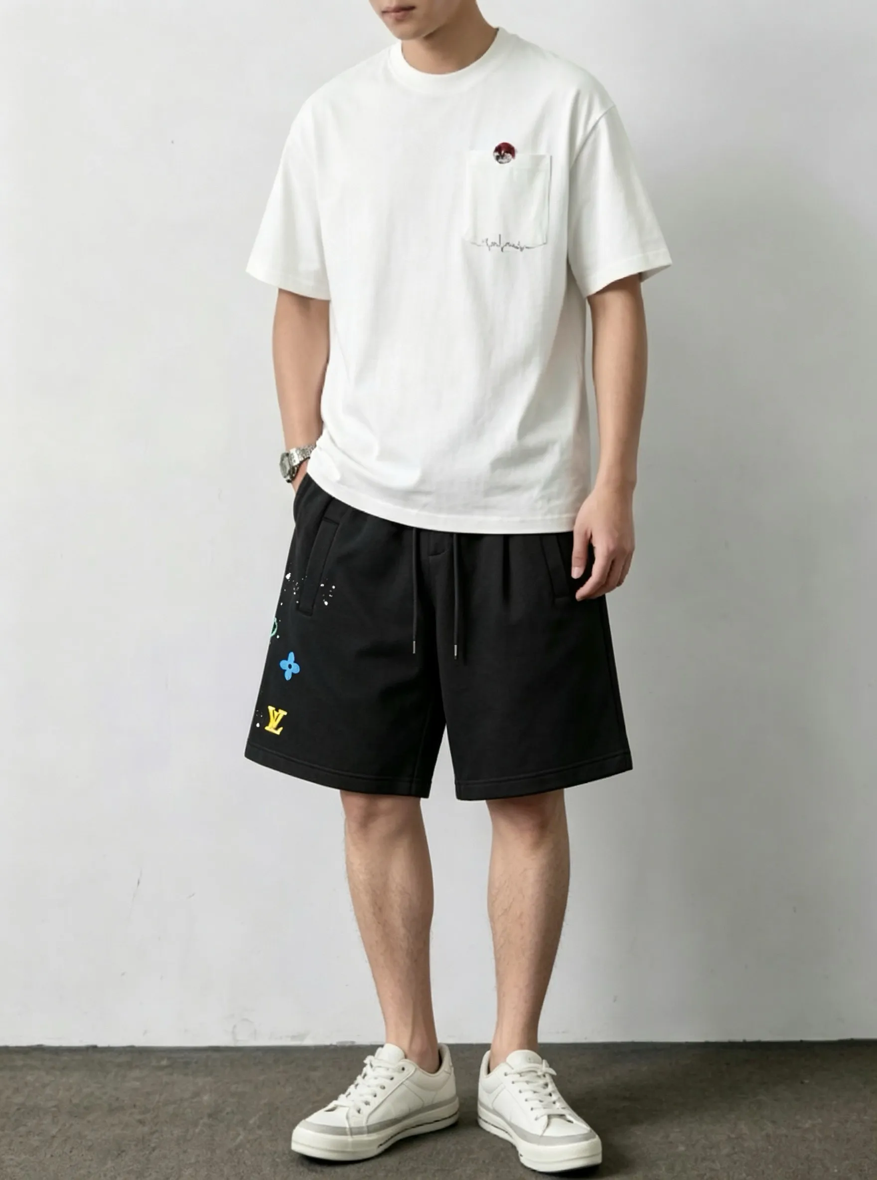 Louis Vuitton/Louis Vuitton multi-element presbyopic print embroidered shorts